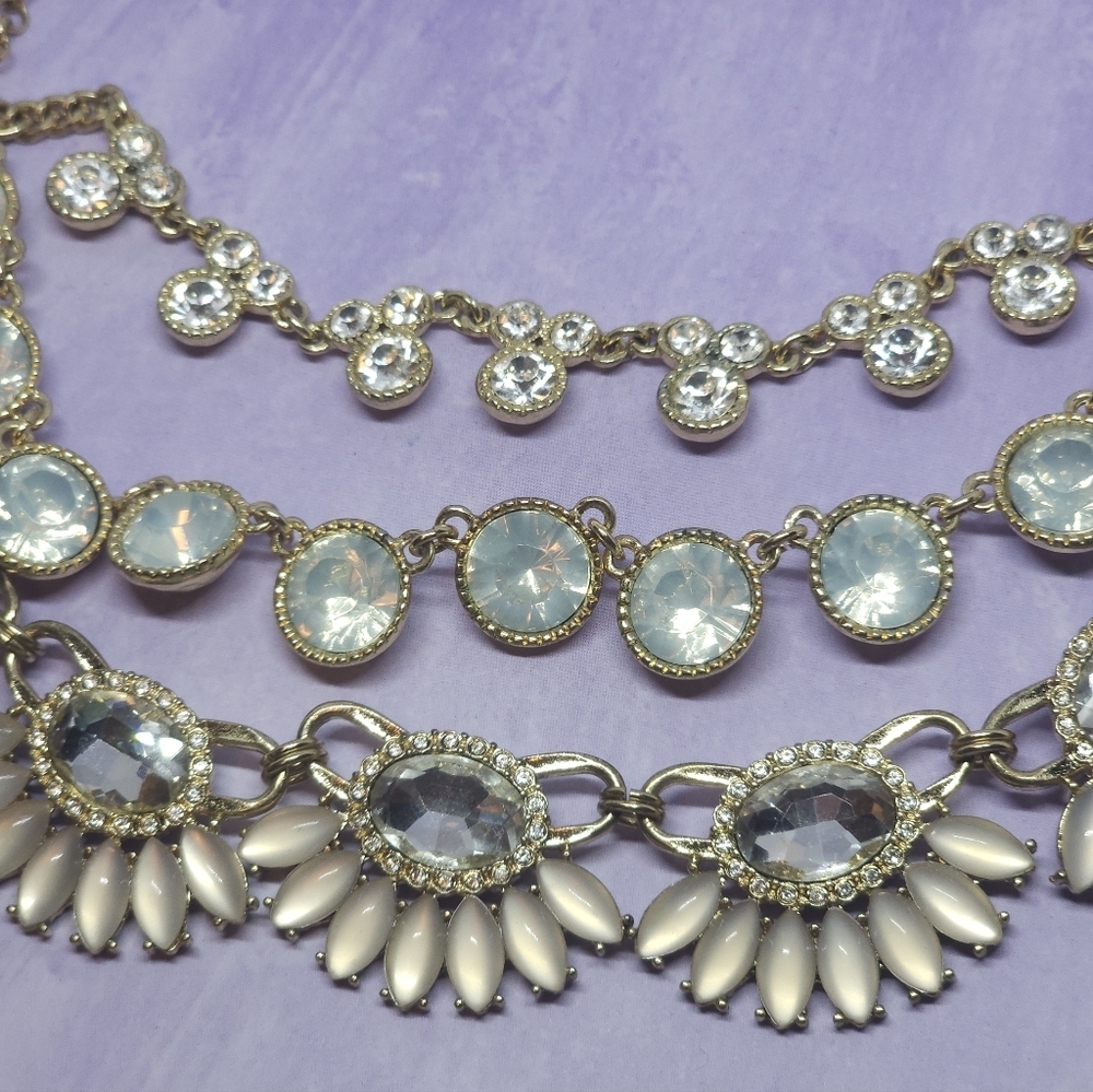 Layered Rhinestone Triple Chain Statement Necklace Gold Tone - Picture 4 of 8